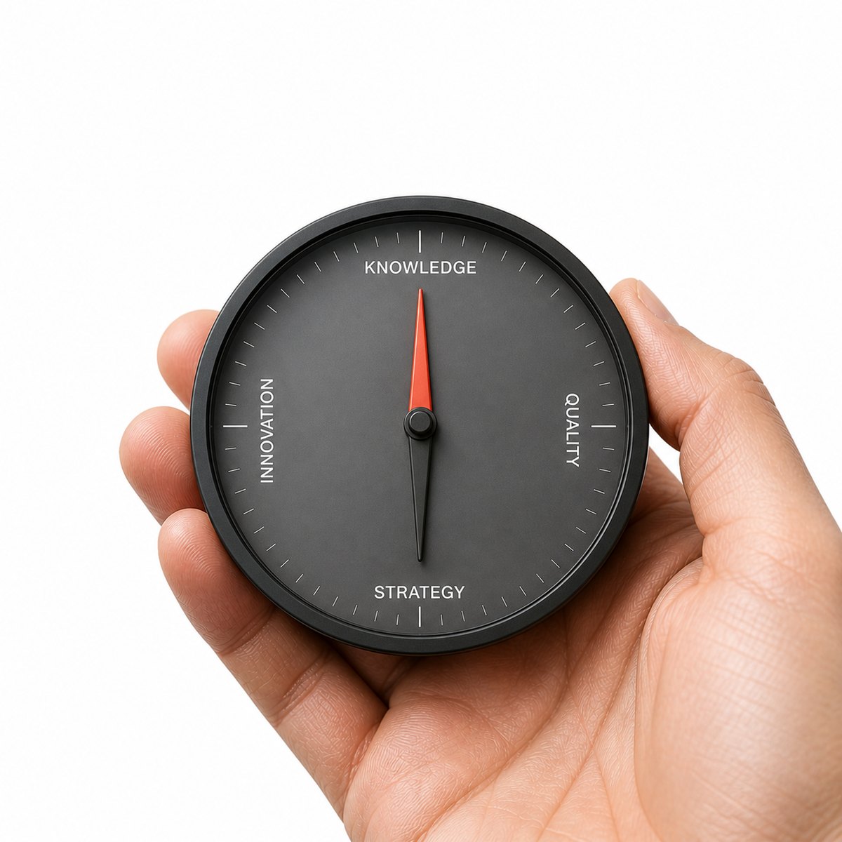 A hand holding a modern compass — the needle points to KNOWLEDGE, with QUALITY, STRATEGY, and INNOVATION on the other cardinal points